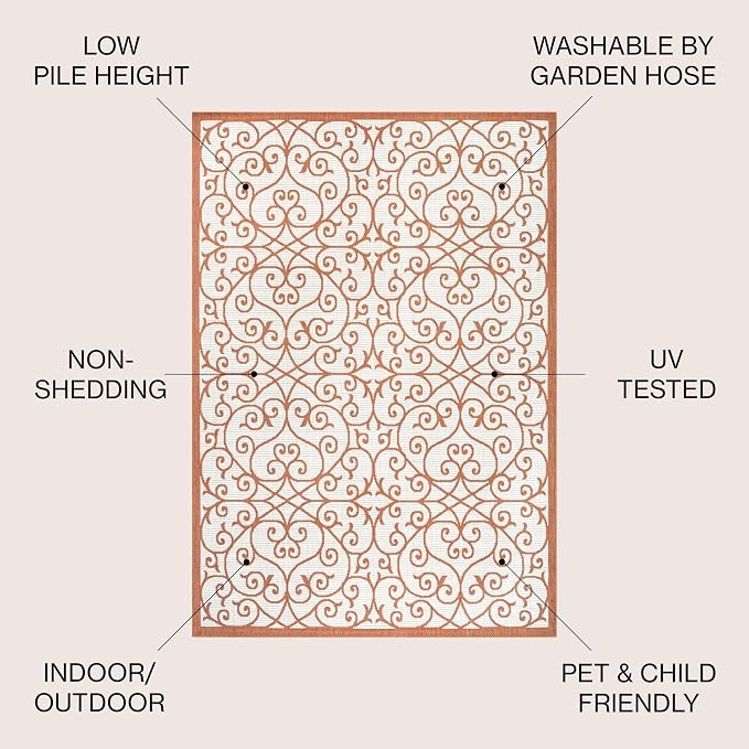 JONATHAN Y Vintage Filigree Indoor Outdoor Area Rug 5X8 Cream/Orange, Madrid - Image 2