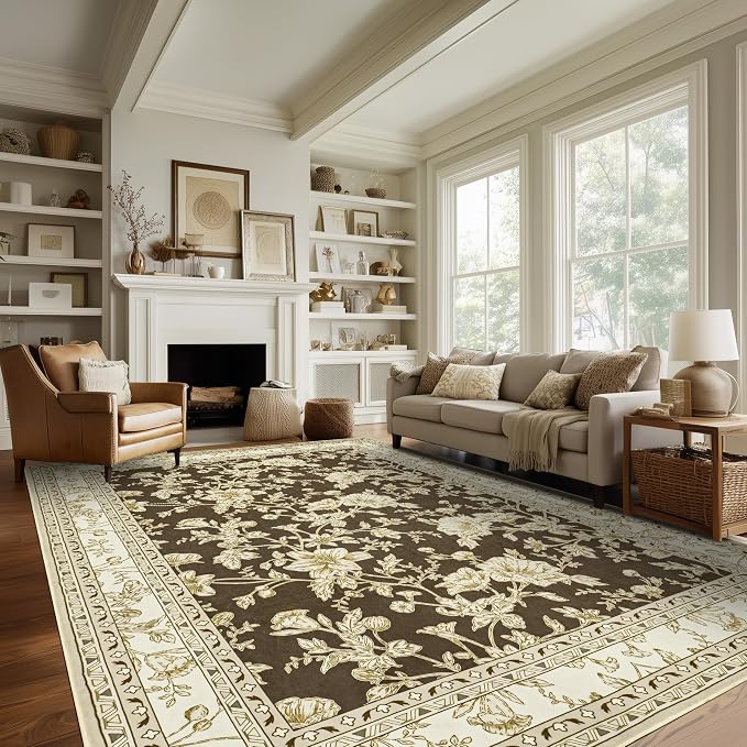 Extra Large Browm Area Rug for Living Room 10x14, Floral Dining Room Rugs for by BILEEHOME