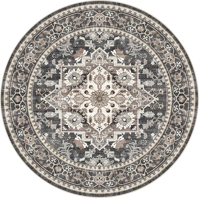 5ft Round Area Rug: Washable Vintage Neutral Soft Non Slip Thin Large Floor - Image 9