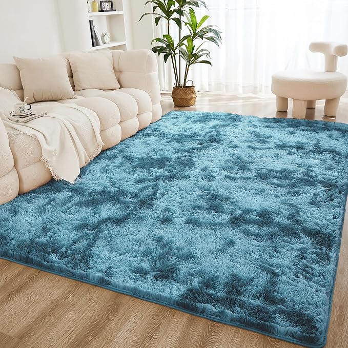 Litanika 9x12 Shag Area Rug for Living Room Bedroom, Tie-Dyed Blue High Pile by Litanika