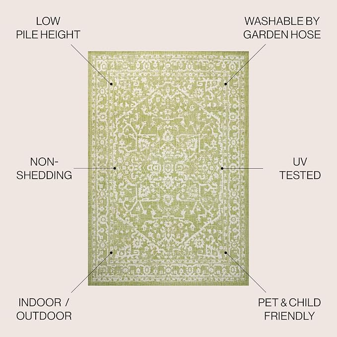 JONATHAN Y Boho Medallion Indoor Outdoor Area Rug 5X8 Green/Cream, Malta - Image 3