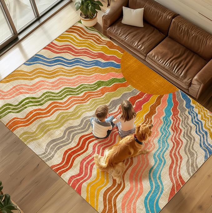 Washable 5x7 Sun Area Rug for Living Room, Rainbow Sun Modern Retro Large Area by GOGINNY
