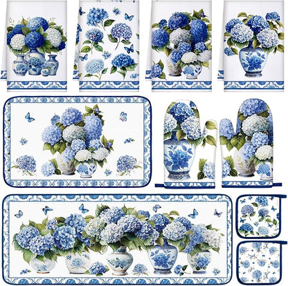 Fanfanwin 10 Pcs Chinoiserie Blue White Hydrangea Kitchen Decor Set Blue and by Fanfanwin