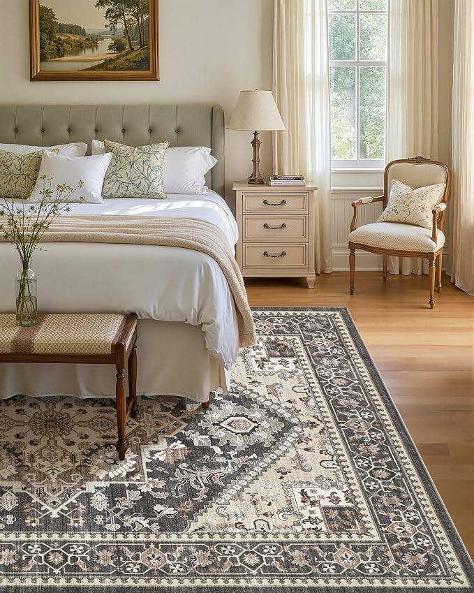 12x15 Vintage Area Rug: Washable Neutral Soft Non Slip Thin Large Floor Carpet - Image 3