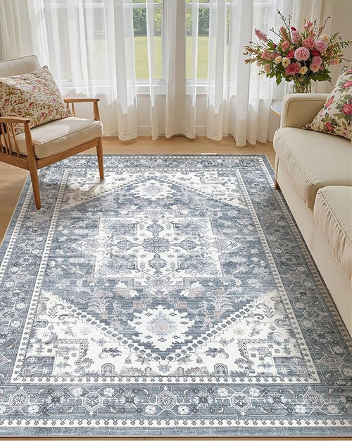 6x9 Vintage Area Rug: Washable Neutral Soft Non Slip Thin Large Floor Carpet by MICGEEK