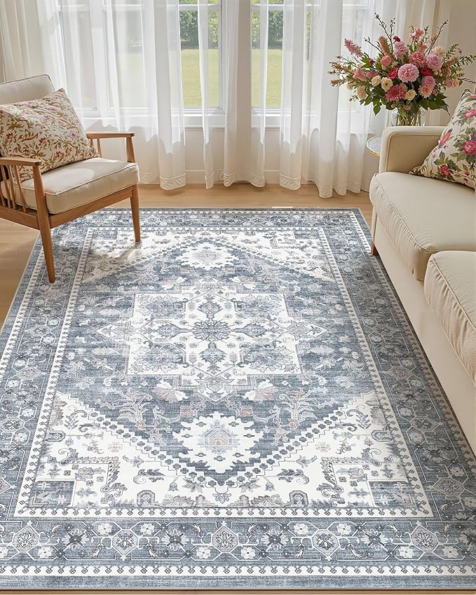 5x8 Vintage Area Rug: Washable Neutral Soft Non Slip Thin Large Floor Carpet by MICGEEK