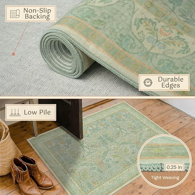 Sage Green Washable Soft Rugs for Bedroom 6x9, Low Pile Cottagecore Floral Area - Image 4