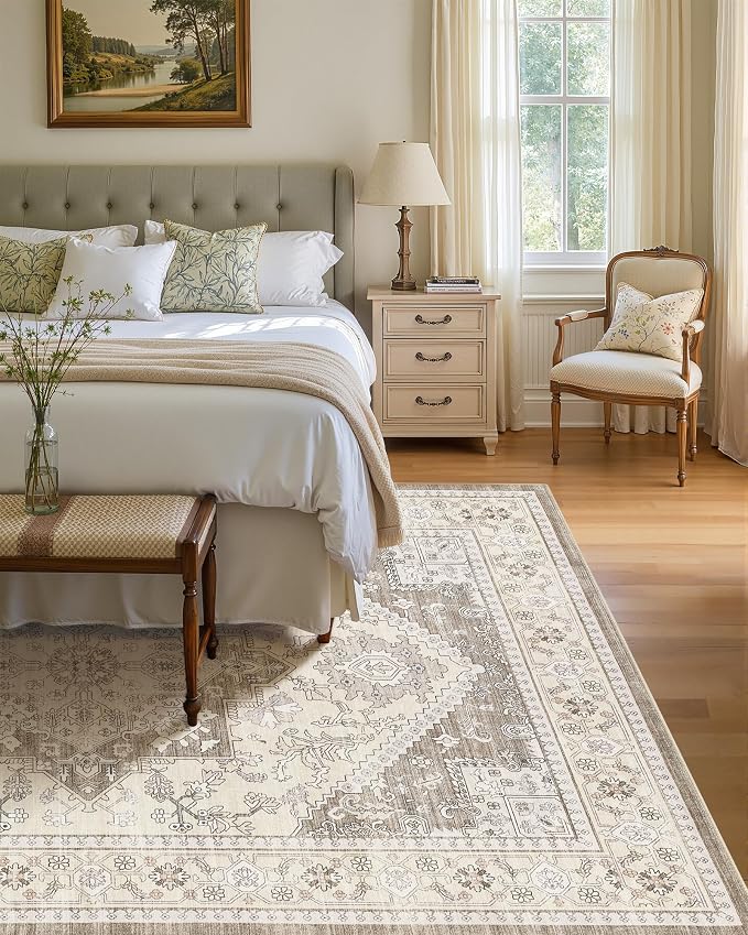 8x10 Vintage Area Rug: Washable Neutral Soft Non Slip Thin Large Floor Carpet - Image 3