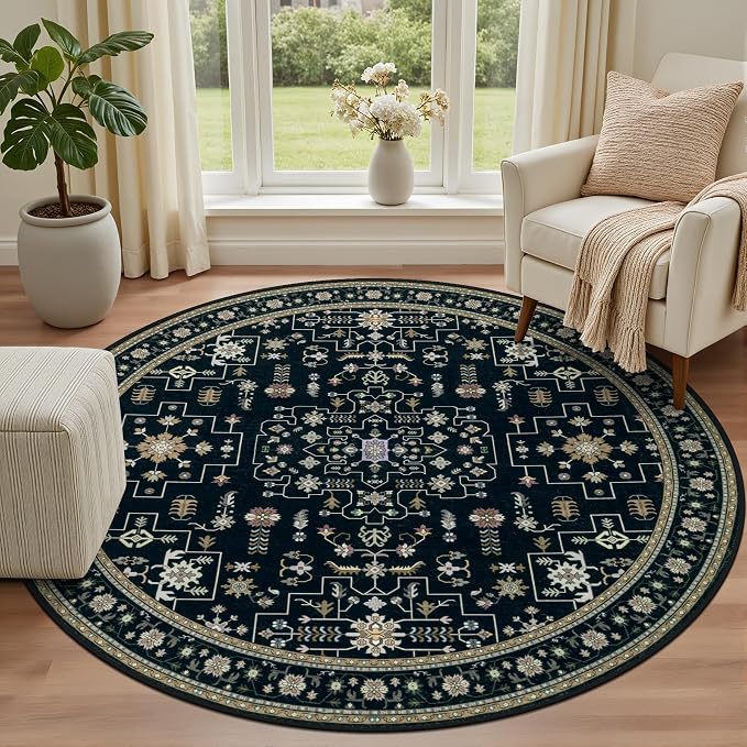Round Area Rug for Living Room: 8 ft Washable Vintage Boho Soft Thin Circle Rug - Image 2
