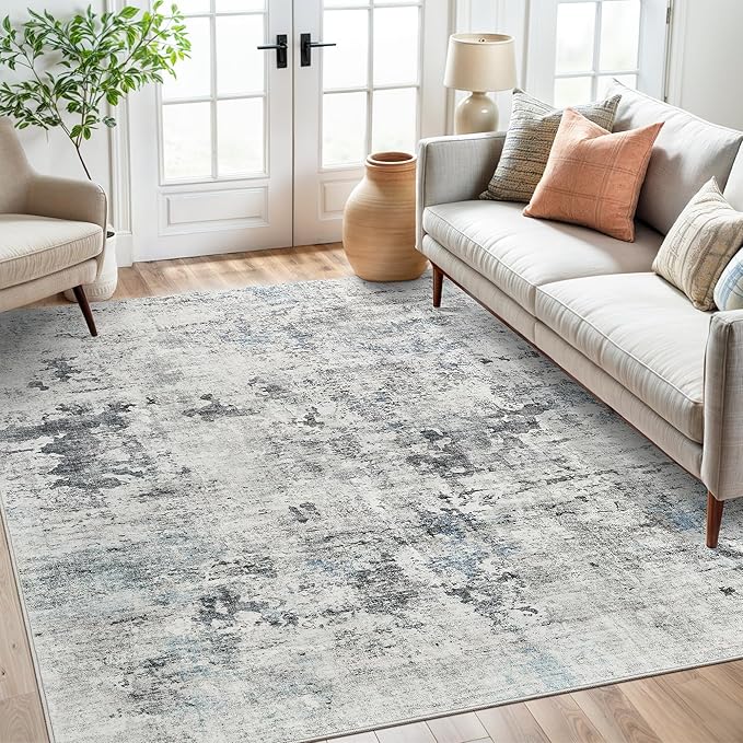 Soalmost Abstract Rug 5x7 Machine Washable Area Indoor Grey Low Pile Non-Slip by Soalmost