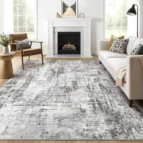 10x12 Area Rug Living Room: Washable Large Abstract Neutral Modern Soft Gray by LOONGRUG