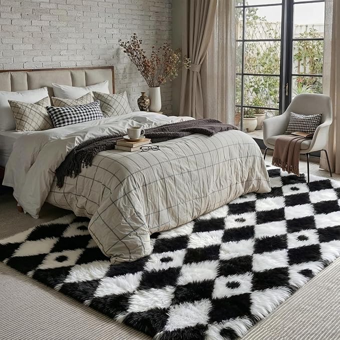 PureCozy Checkered Rug 8x10 Fluffy Shag Living Room Black and White Area Rug - Image 4