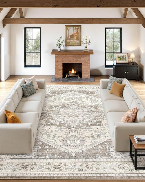 10x12 Vintage Area Rug: Washable Neutral Soft Non Slip Thin Large Floor Carpet by MICGEEK