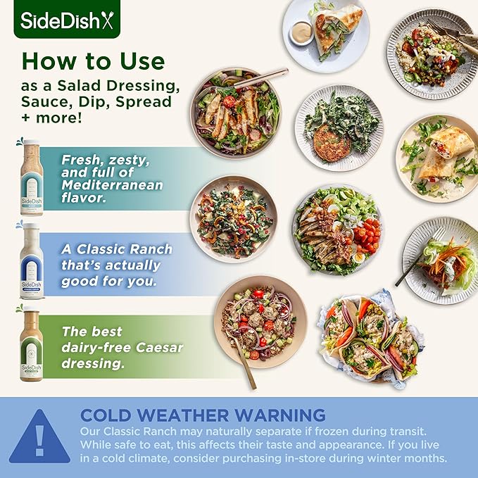 SideDish Healthy Dressing Variety Pack - Classic Ranch, Miso Caesar, Greek Vinaigrette - Seed Oil, Gluten & Dairy Free Salad Dressing w/Avocado Oil - Refined Sugar Free Umami Sauce for Dinner Recipes
