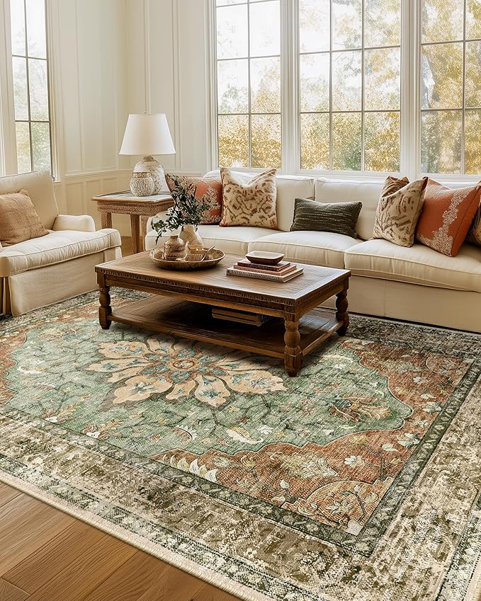 RELEANY Area Rugs 7'x9' Washable Non-Slip, Floral Vintage Distress Medallion by RELEANY