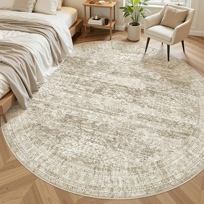 Soalmost 8ft Round Rug Brown/Ivory, Living Room Circle Rug Vintage Round Area - Image 2