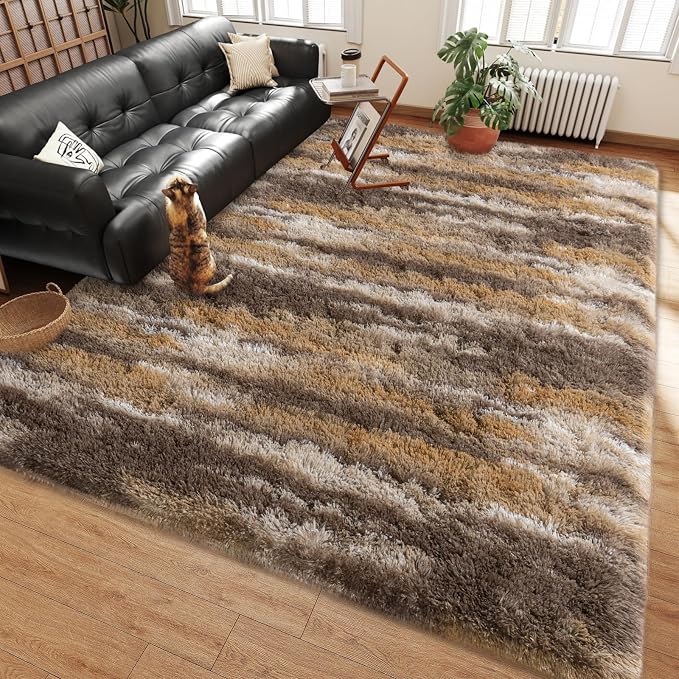 Shag Rugs for Living Room 9x12, Ultra Soft Abstract Brown Big Fuzzy Rugs for - Image 2