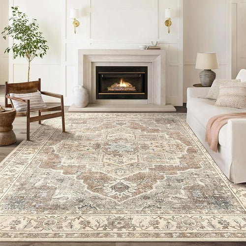 10x14 Washable Area Rug: Vintage Neutral Soft Non Slip Thin Large Floor Carpet - Image 2