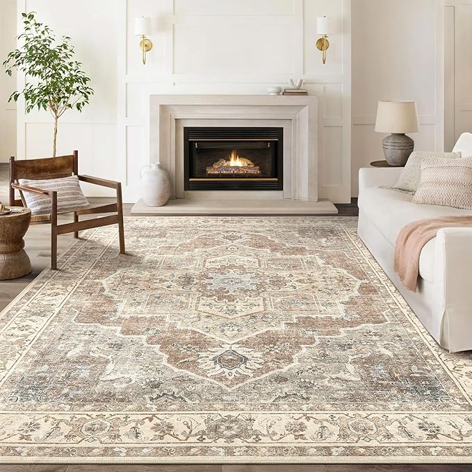 9x12 Washable Area Rug: Vintage Neutral Soft Non Slip Thin Large Floor Carpet - Image 2