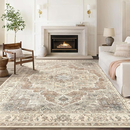 9x12 Washable Area Rug: Vintage Neutral Soft Non Slip Thin Large Floor Carpet - Image 2