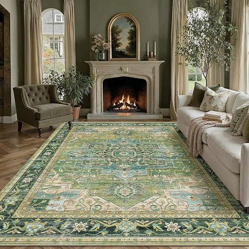 9x12 Washable Vintage Area Rug Green Oriental Living Room Bedroom Throw Rug by WondRg