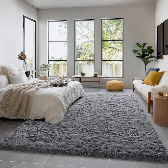 Amdrebio Grey Modern Fluffy Living Room Rugs, 5x8 Rug, Furry Area Rug - Image 3