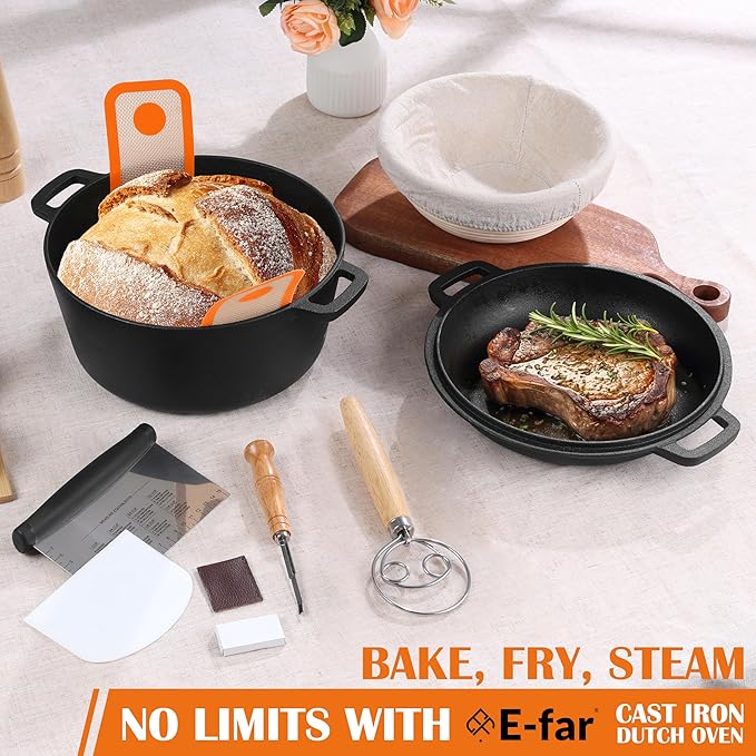 E-far 5QT Dutch Oven for Bread Baking, 2-IN-1 Cast Iron Pot - Image 7