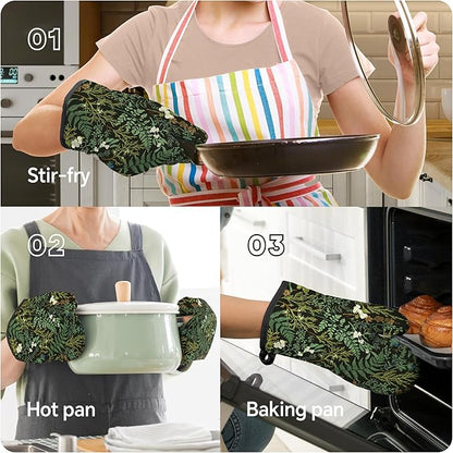 Botanical Print Floral Oven Mitts and Pot Holders Sets Black Sage Green Leaves - Image 5