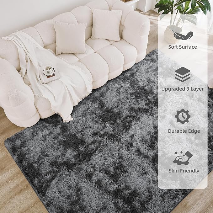 Litanika 8x10 Shag Area Rug for Living Room Bedroom, Tie-Dyed Dark Grey High - Image 4