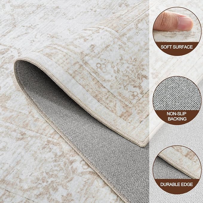 5x7 Area Rugs for Bedroom:Beige Washable Vintage Medallion Rug Non-Slip Soft - Image 7