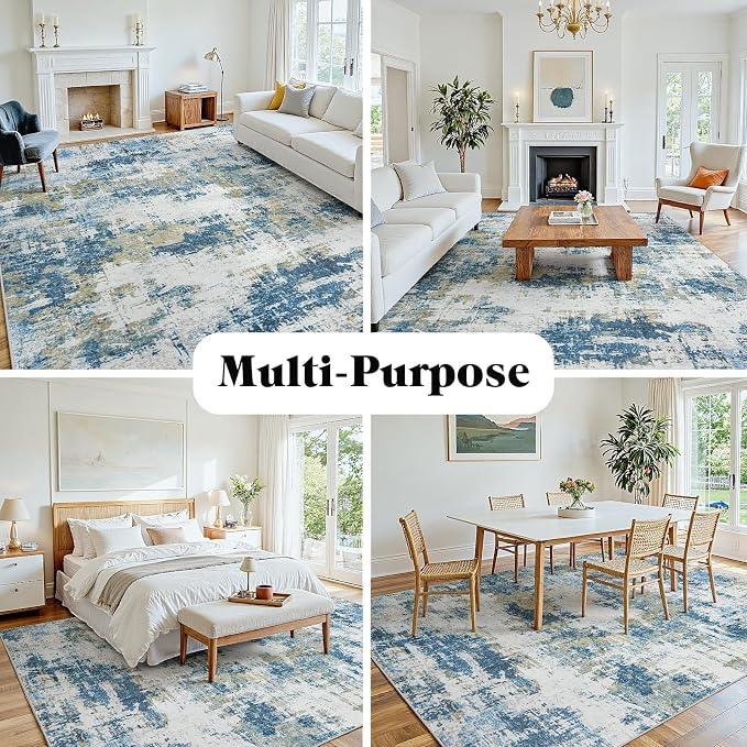 Area Rug 5x7 Living Room Rug Washable: No-Slip Abstract Soft Thin Large Blue - Image 9