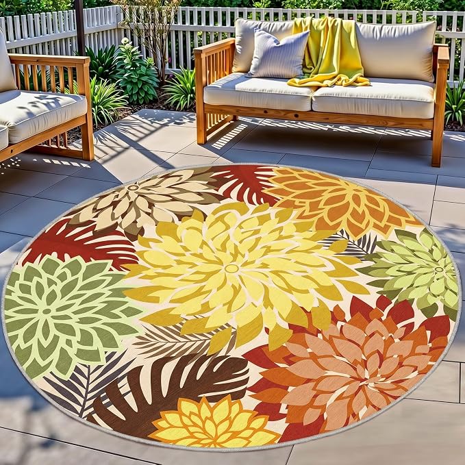 Colorful 6FT Outdoor Round Area Rug Washable Rugs Multicolored Patio Rug by ArenaRug