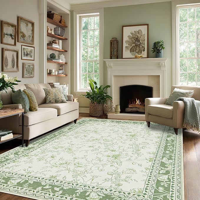BILEEHOME Floral Area Rug for Bedroom 5x8 Sage Green and Cream Beige Vintage - Image 5