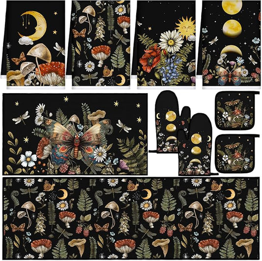 Fourluoo 10 Pcs Kitchen Dish Towels Rugs Oven Mitts and Pot Holders Set by Fourluoo
