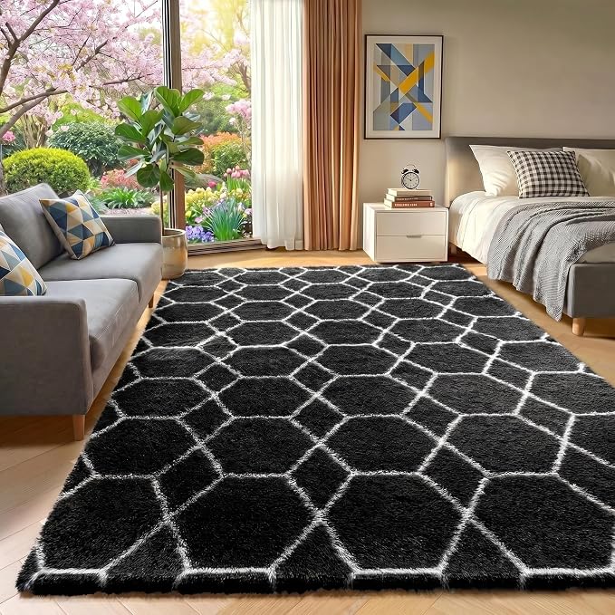 ONASAR Area Rugs for Living Room Bedroom, 5x8 Fluffy Black and White Rug - Image 5