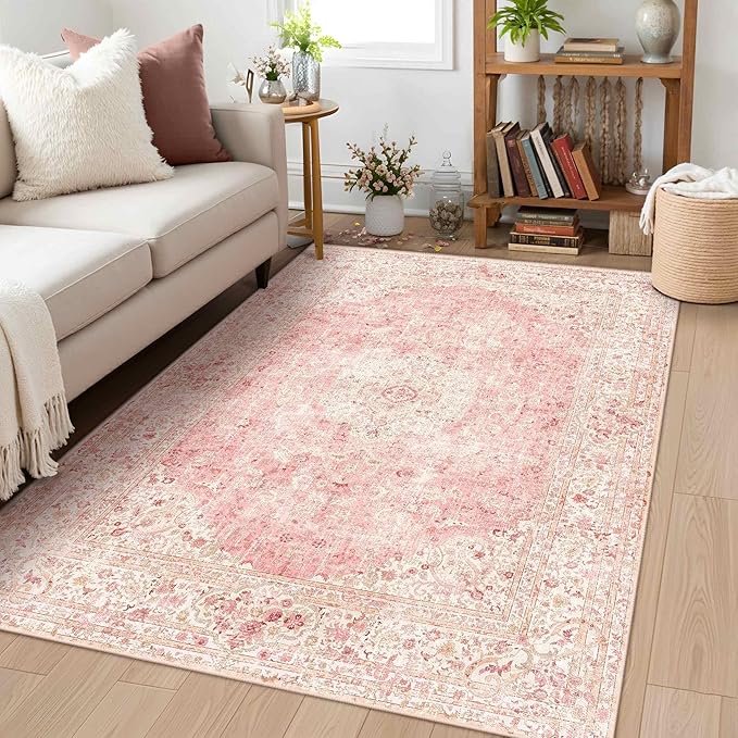 Latte&Fog 3x5 Entryway Pink Area Rugs, Vintage Floral Washable Rugs Cute Girls - Image 3