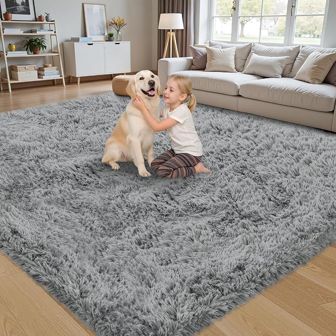 8x10 Area Rug for Living Room:Ultra Soft Fluffy Shag Light Grey Rugs, Large - Image 4