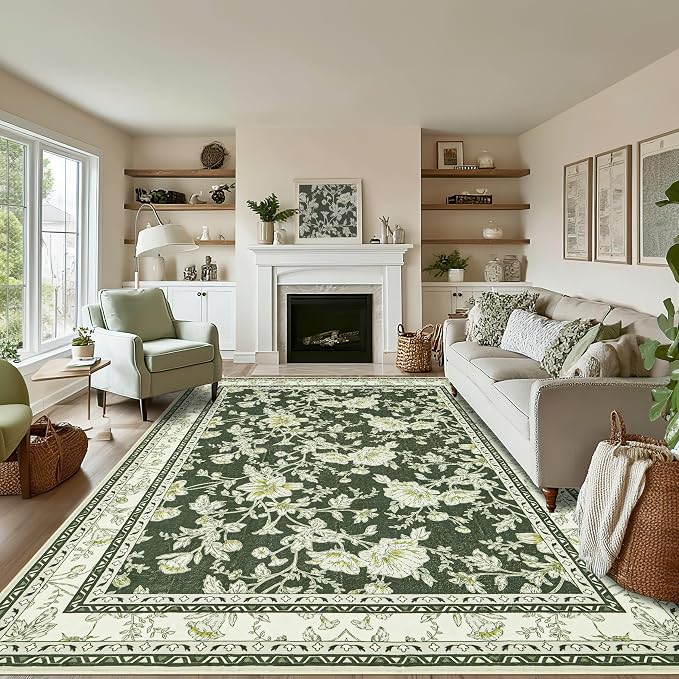 Olive Green Area Rugs 6x9 Living Room Washable Boho Vintage Sketch Floral Cream - Image 2