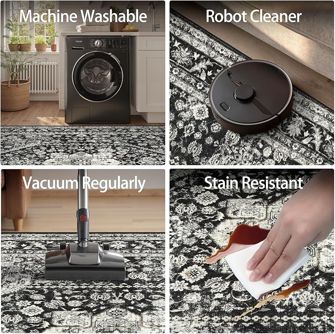 DCX Machine Washable Black Area Rug 8x10, Non Slip Stain Resistant Vintage - Image 6