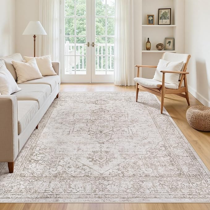6x9 Area Rugs for Living Room:Beige Washable Vintage Medallion Carpet Non-Slip - Image 3