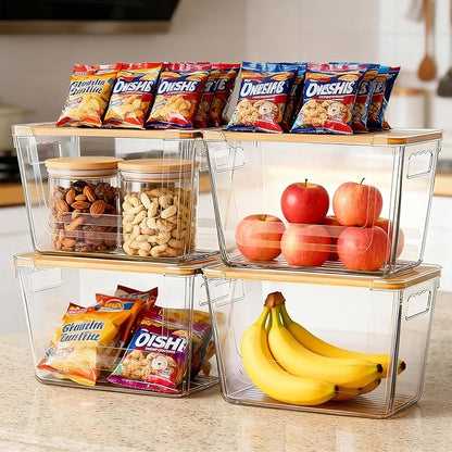 4 Pack Clear Storage Bins with Bamboo Lid, Garbage Bag Dispenser, Pantry - Image 2