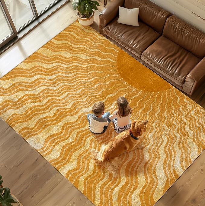 Washable 3x5 Sun Area Rug for Living Room, Retro Brown Sun Modern Boho Large by GOGINNY