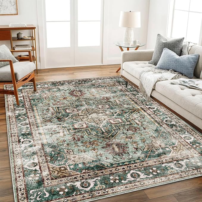 CHAMPLANT Area Rug 8'x10' Green Washable Vintage Traditional Mat Distressed by CHAMPLANT