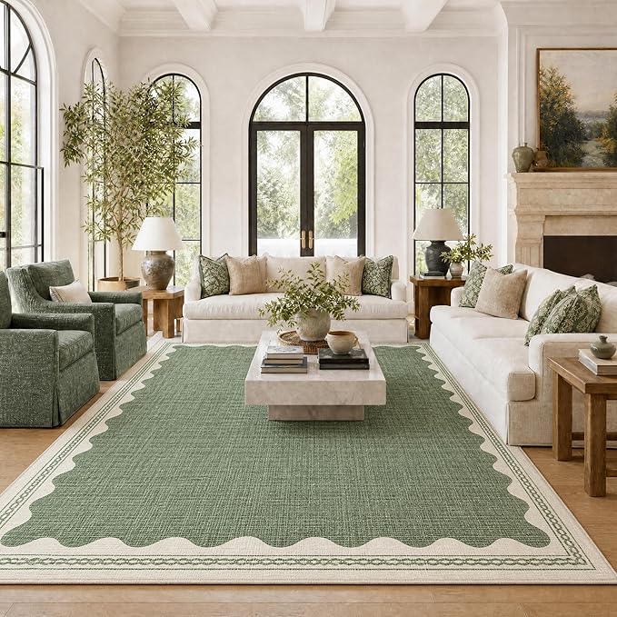 GarveeHome Scalloped Sage Green Washable Rugs 9x12 Rug by GarveeHome