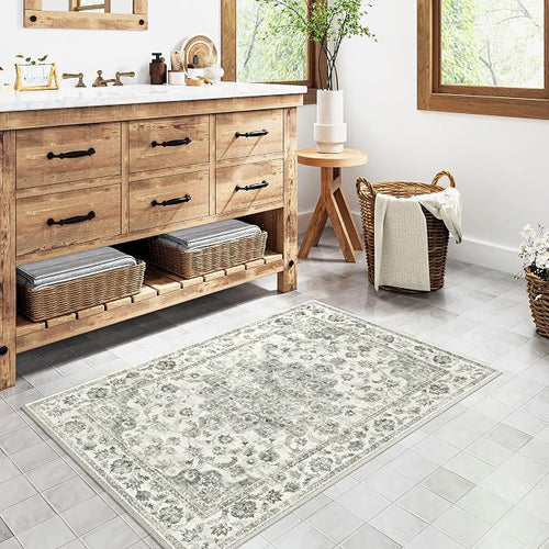 2x3 Washable Neutral Area Rug Green Vintage Entryway Kitchen Carpet Non-Slip - Image 2