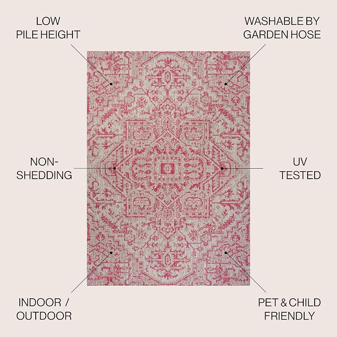 JONATHAN Y Boho Medallion Indoor Outdoor Area Rug 9X12 Light Gray/Fuchsia - Image 3
