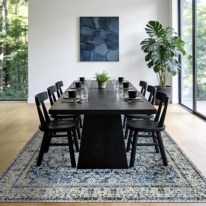 Blue Area Rug for Living Room 8x10 Washable Vintage Farmhouse Big Large Boho - Image 2