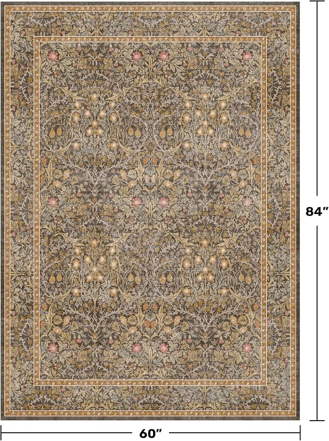 Gold Brown Floral Living Room Rug 5x7 - Image 2