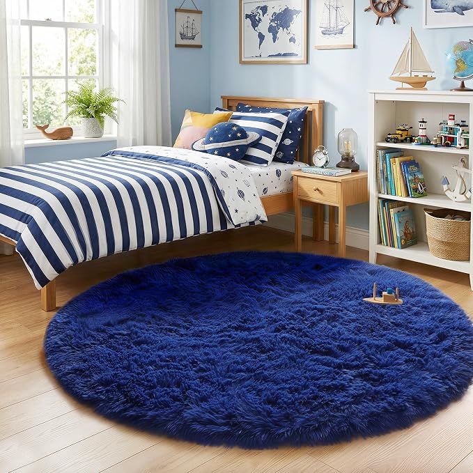 Navy Blue Round Rugs 5Ft for Boys Bedroom, Fluffy Circle Area Rug for Kids - Image 3