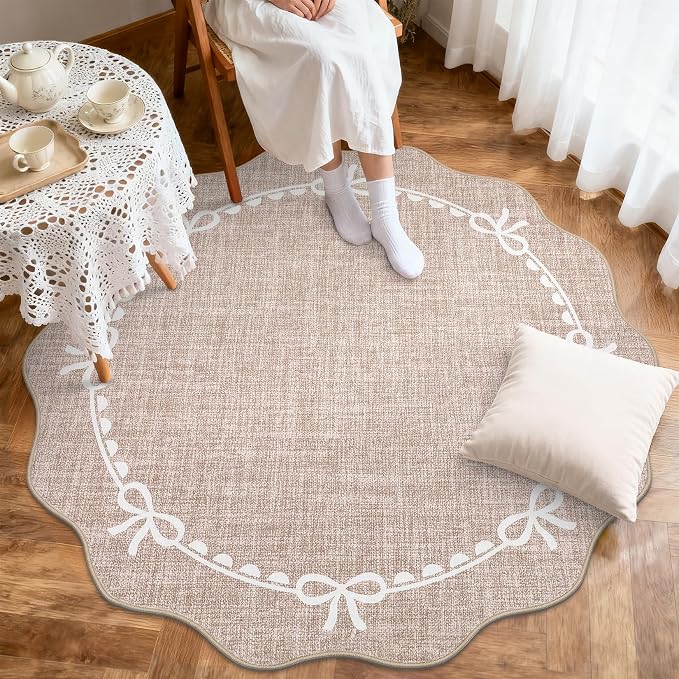 GarveeHome Scalloped Bow Rug for Living Room, 6ft Round Rugs Washable Solid - Image 3